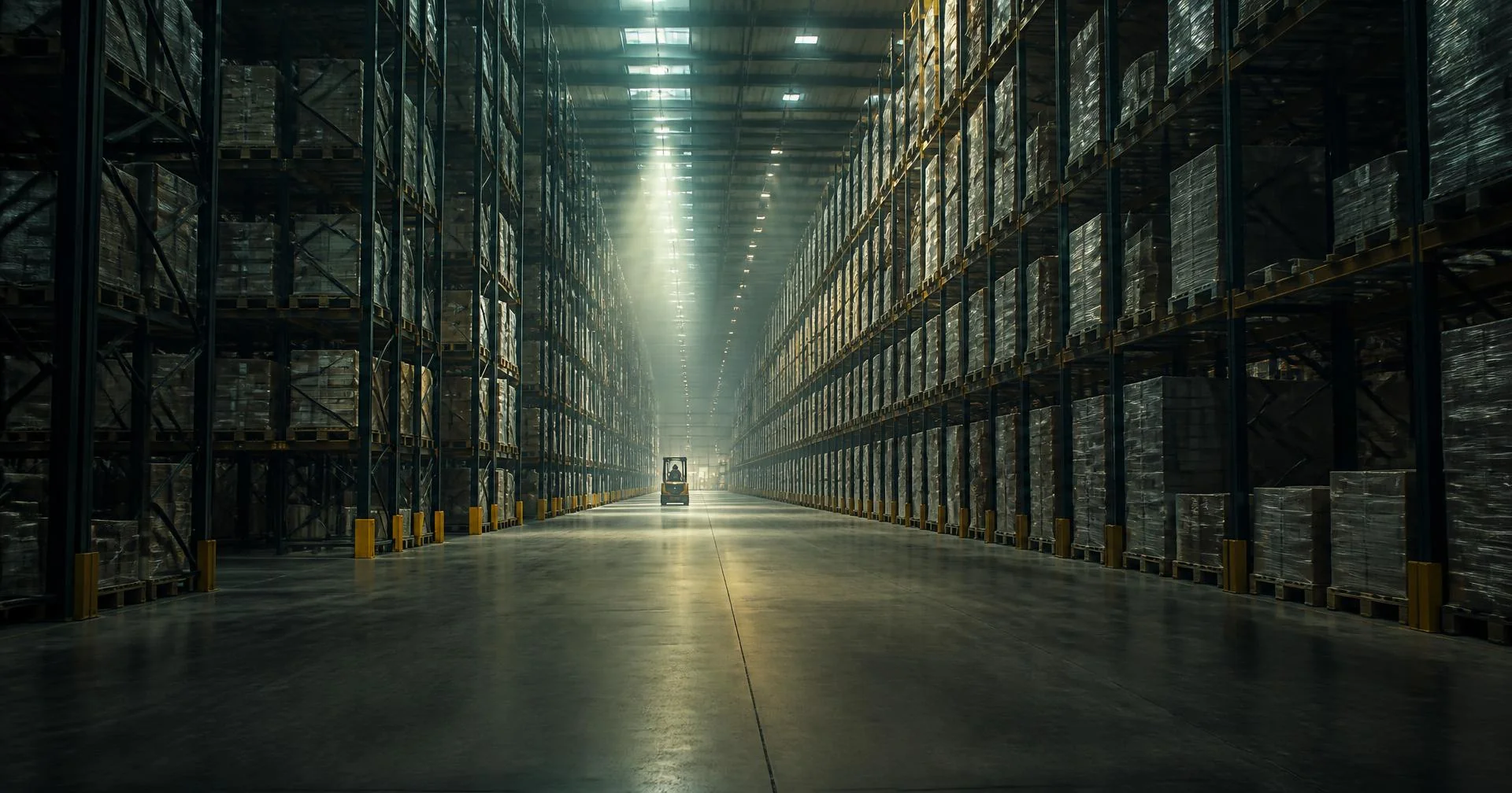 Corredor de um grande centro de distribuição com racks repletos de cargas paletizadas