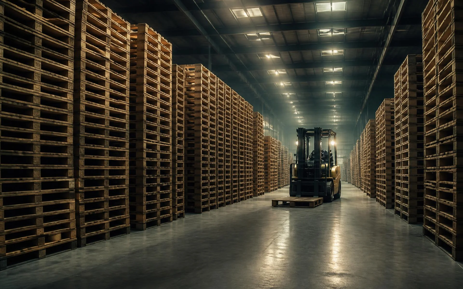 Centro de distribuição moderno com pallets organizados e iluminação industrial
