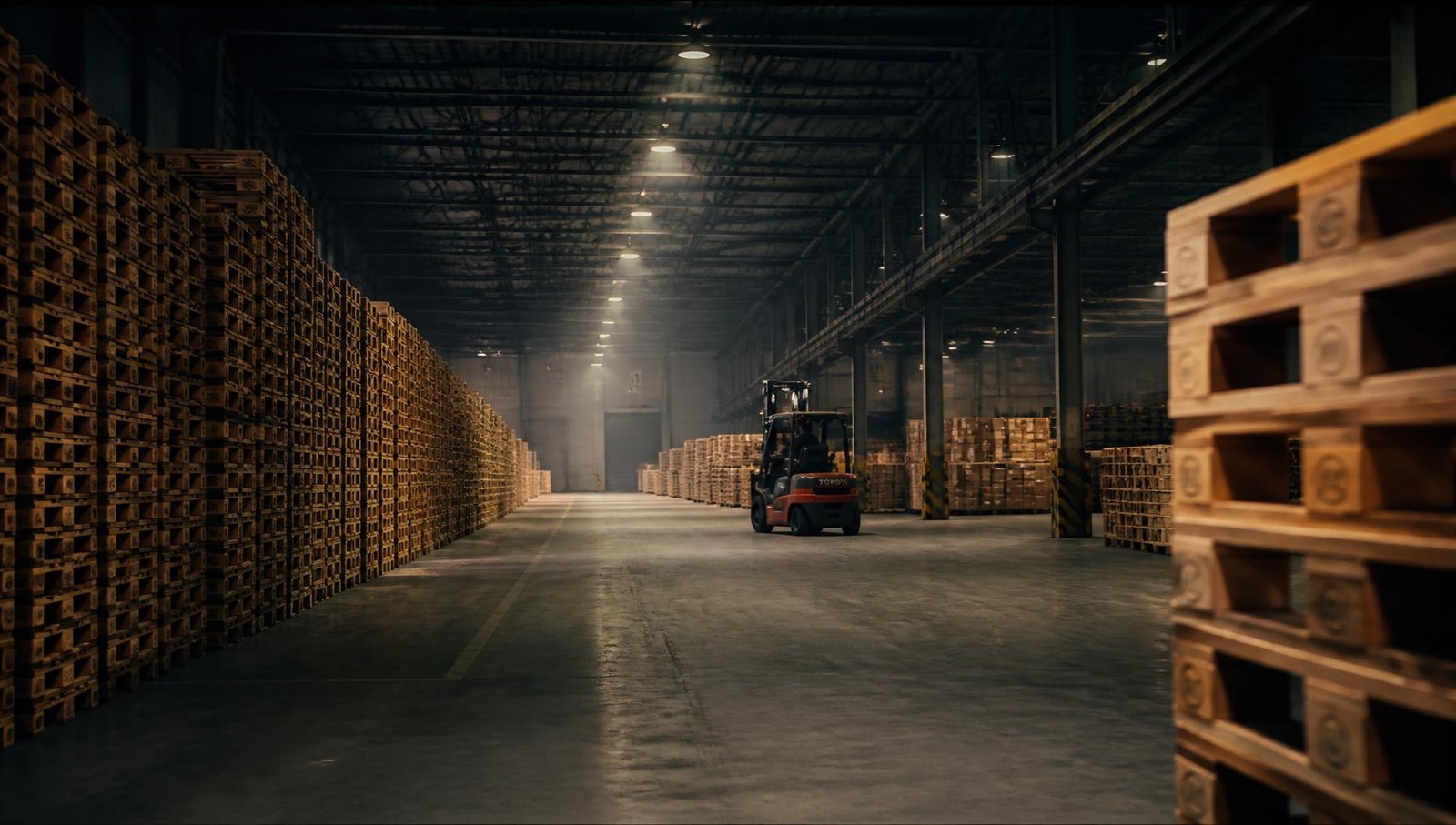 Centro de distribuição com pallets de madeira empilhados em larga escala