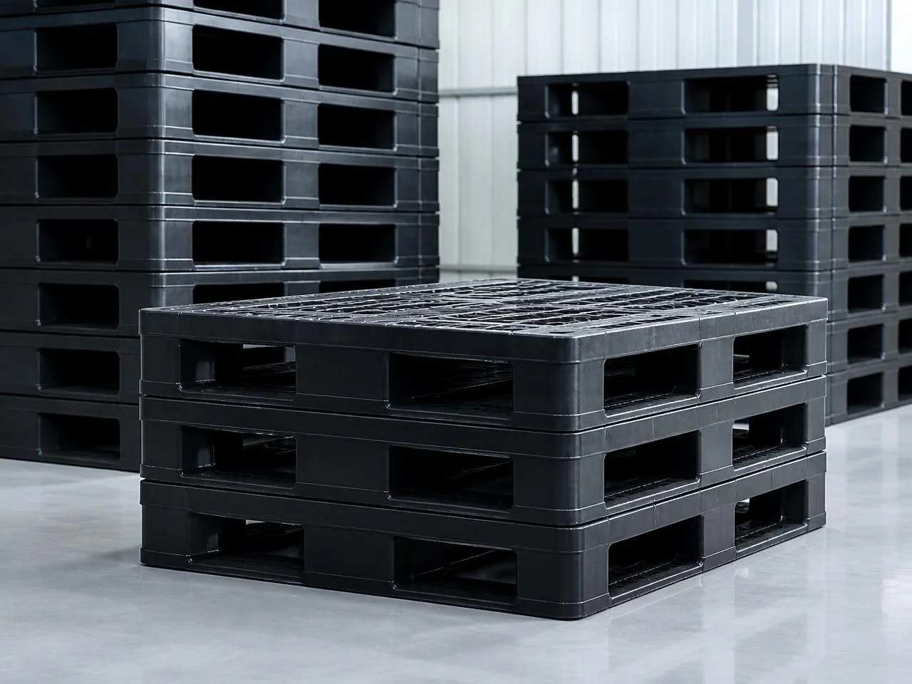 Pallets de plástico industriais pretos empilhados em ambiente limpo e controlado