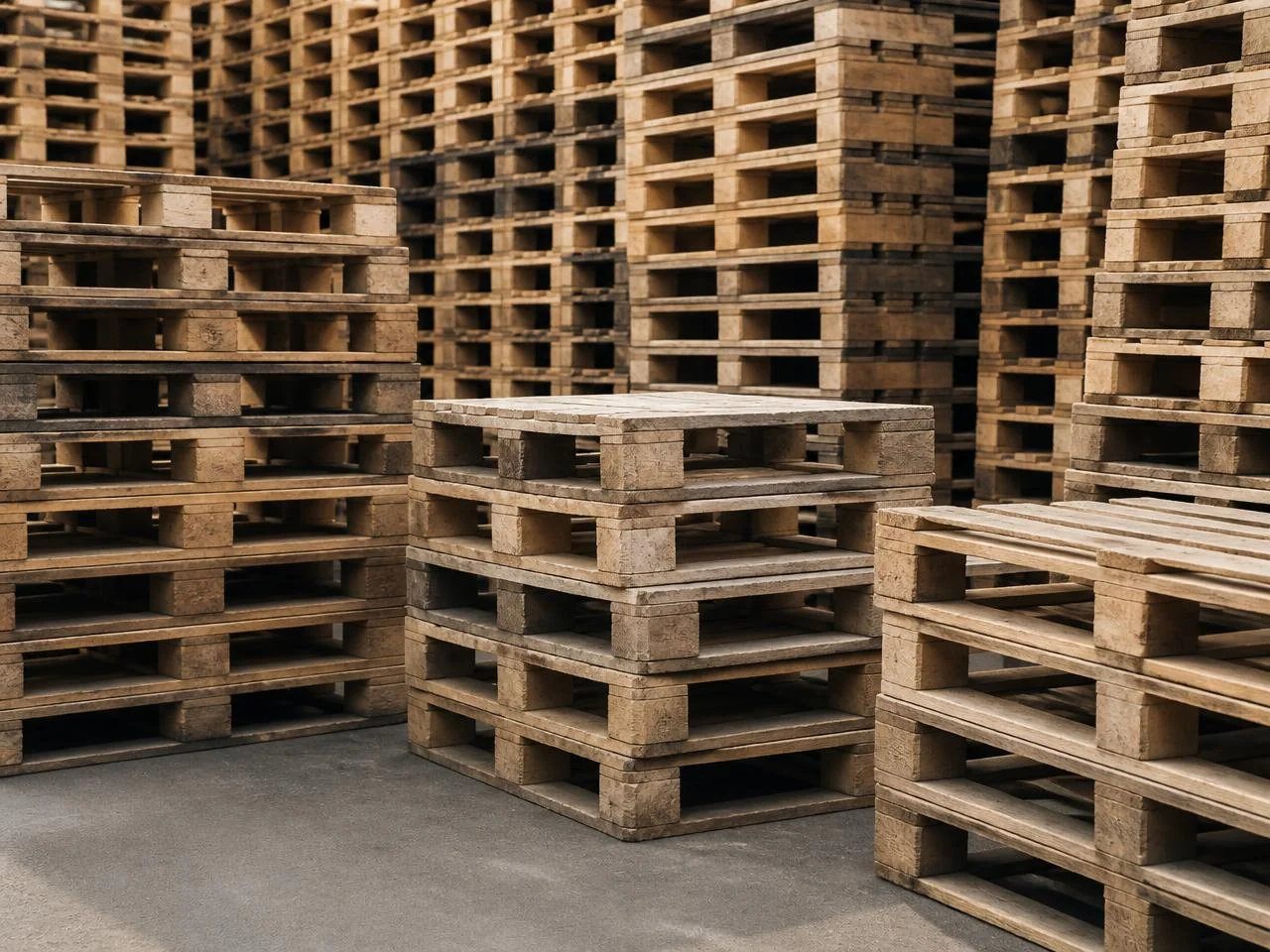 Pallets usados de madeira em bom estado, organizados e empilhados em pátio logístico